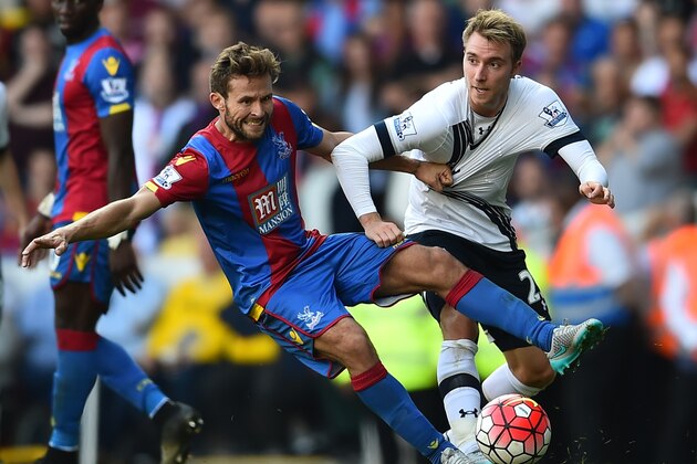 Crystal Palace's French midfielder Yohan Cabaye (L) vies with Tottenham Hotspur's Danish midfielder Christian Eriksen (R) during the English Premier League football match between Tottenham Hotspur and Crystal Palace at White Hart Lane in north London on September 20, 2015. AFP PHOTO / BEN STANSALL  RESTRICTED TO EDITORIAL USE. No use with unauthorized audio, video, data, fixture lists, club/league logos or 'live' services. Online in-match use limited to 75 images, no video emulation. No use in betting, games or single club/league/player publications.        (Photo credit should read BEN STANSALL/AFP/Getty Images)
