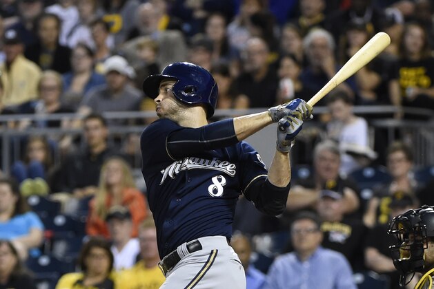 Milwaukee Brewers' Ryan Braun bats against the Pittsburgh Pirates during a baseball game, Thursday, Sept. 10, 2015, in Pittsburgh.  (AP Photo/Fred Vuich)