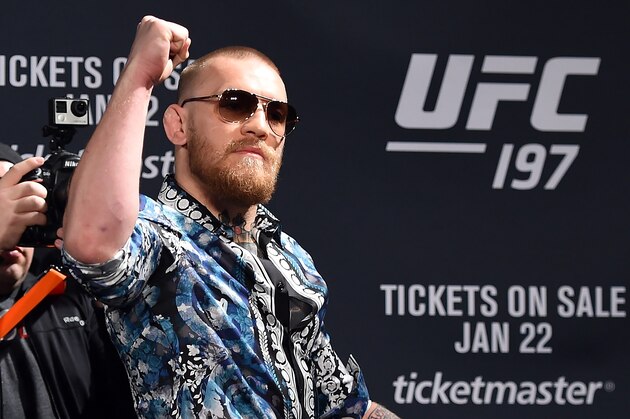 LAS VEGAS, NV - JANUARY 20:  Conor McGregor of Ireland interacts with he crowd during the UFC 197 on-sale press conference event inside MGM Grand Hotel & Casino on January 20, 2016 in Las Vegas, Nevada. (Photo by Jeff Bottari/Zuffa LLC/Zuffa LLC via Getty Images)