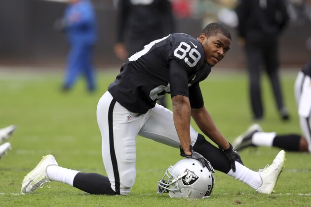 Oakland Raiders wide receiver Amari Cooper (89) warms up before an NFL football game against the Green Bay Packers Sunday, Dec. 20, 2015, in Oakland, Calif. (AP Photo/Ryan Kang)