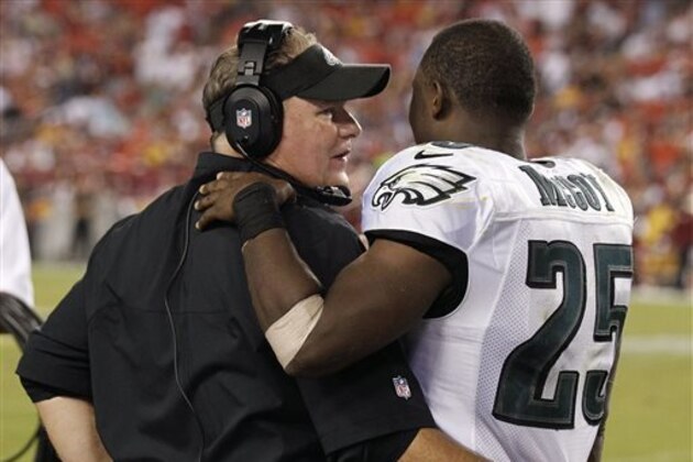 FILE - In this Sept. 9, 2013, file photo, Philadelphia Eagles head coach Chip Kelly talks with then-Eagles running back LeSean McCoy (25) along the sidelines during the second half of an NFL football game against the Washington Redskins in Landover, Md. Don't expect McCoy to be shaking Eagles' coach Kelly's hand when the Buffalo Bills running back travels to Philadelphia to face his former team for the first time on Sunday. (AP Photo/Alex Brandon, File)