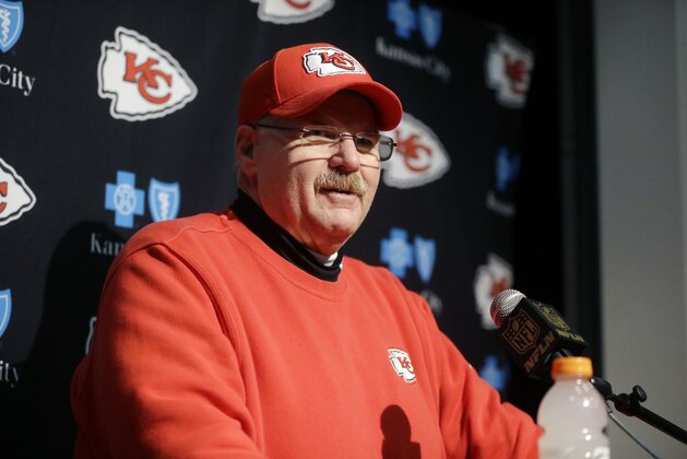 Kansas City Chiefs head coach Andy Reid speaks to the media after an NFL divisional playoff football game against the New England Patriots, Saturday, Jan. 16, 2016, in Foxborough, Mass. The Patriots won 27-20. (AP Photo/Steven Senne)