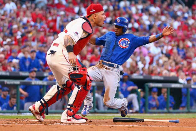 ST LOUIS, MO - OCTOBER 10:  Austin Jackson #27 of the Chicago Cubs scores a run in the second inning against the St. Louis Cardinals during game two of the National League Division Series at Busch Stadium on October 10, 2015 in St Louis, Missouri.  (Photo by Dilip Vishwanat/Getty Images)