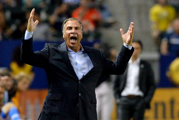 Sep 12, 2015; Carson, CA, USA;  Los Angeles Galaxy head coach Bruce Arena show frustration with officials in the second half of the game against the Montreal Impact at StubHub Center. The game ended in a tie. Mandatory Credit: Jayne Kamin-Oncea-USA TODAY Sports