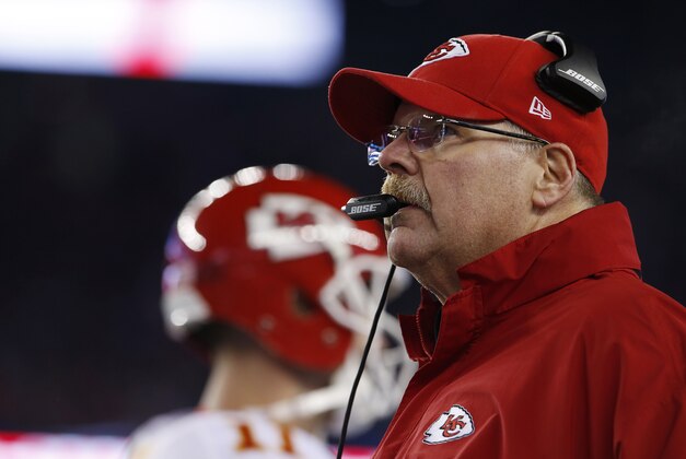 Jan 16, 2016; Foxborough, MA, USA; Kansas City Chiefs head coach Andy Reid looks on from the sidelines against the New England Patriots during the first half in the AFC Divisional round playoff game at Gillette Stadium. Mandatory Credit: David Butler II-USA TODAY Sports