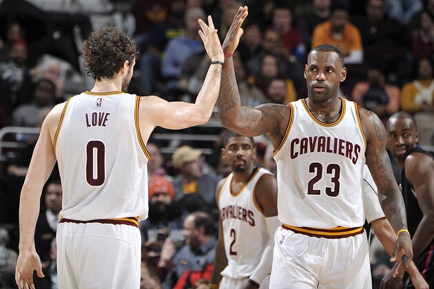 CLEVELAND, OH - JANUARY 21:  LeBron James #23 of the Cleveland Cavaliers and Kevin Love #0 of the Cleveland Cavaliers shake hands during the game against the Los Angeles Clippers on January 21, 2016 at Quicken Loans Arena in Cleveland, Ohio. NOTE TO USER: User expressly acknowledges and agrees that, by downloading and/or using this Photograph, user is consenting to the terms and conditions of the Getty Images License Agreement. Mandatory Copyright Notice: Copyright 2016 NBAE  (Photo by David Liam Kyle/NBAE via Getty Images)