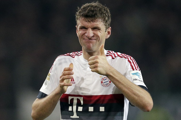 Bayern's Thomas Mueller reacts during the German Bundesliga soccer match between Hannover 96 and FC Bayern Munich in Hannover, Germany, Saturday, Dec. 19, 2015. (AP Photo/Michael Sohn)