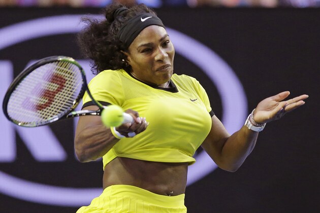 Serena Williams of the United States hits a forehand return to Daria Kasatkina of Russia during their third round match at the Australian Open tennis championships in Melbourne, Australia, Friday, Jan. 22, 2016.(AP Photo/Aaron Favila)