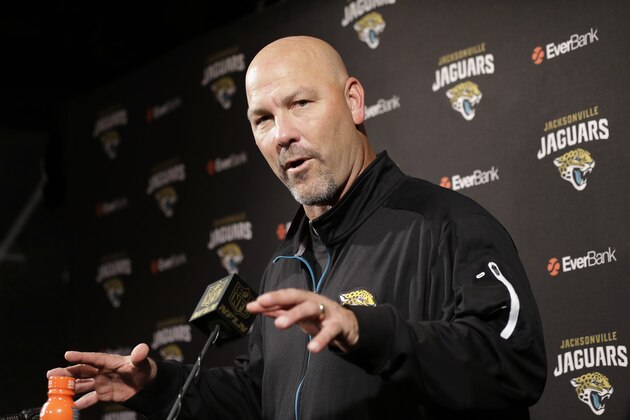 Jacksonville Jaguars head coach Gus Bradley talks to the media following an NFL football game Sunday, Jan. 3, 2016, in Houston. (AP Photo/David J. Phillip)