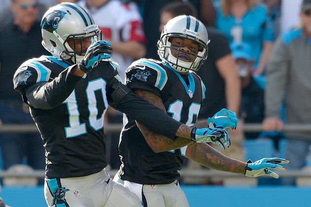 CHARLOTTE, NC - DECEMBER 13:  Ted Ginn #19 celebrates with teammate Corey Brown #10 of the Carolina Panthers after scoring a touchdown against the Atlanta Falcons during their game at Bank of America Stadium on December 13, 2015 in Charlotte, North Carolina.  (Photo by Grant Halverson/Getty Images)