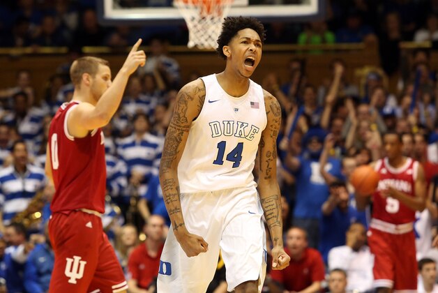 Dec 2, 2015; Durham, NC, USA; Duke Blue Devils guard Brandon Ingram (14) reacts after scoring against the Indiana Hoosiers in their game at Cameron Indoor Stadium. Mandatory Credit: Mark Dolejs-USA TODAY Sports