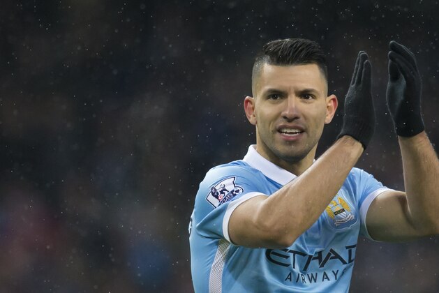 Manchester City's Sergio Aguero applauds supporters after scoring his second goal during the English Premier League soccer match between Manchester City and Crystal Palace at the Etihad Stadium, Manchester, England, Saturday Jan. 16, 2016. (AP Photo/Jon Super)