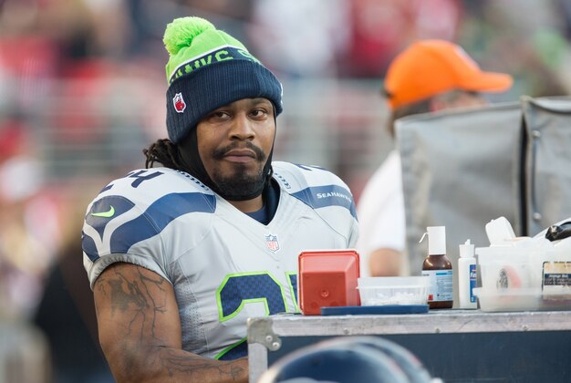 Oct 22, 2015; Santa Clara, CA, USA; Seattle Seahawks running back Marshawn Lynch (24) is seen before the game against the San Francisco 49ers at Levi's Stadium. Mandatory Credit: Kelley L Cox-USA TODAY Sports
