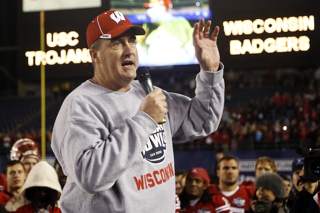 Wisconsin head coach Paul Chryst addresses the crowd after his team defeated Southern California 23-21 in the Holiday Bowl NCAA college football game on Wednesday, Dec. 30, 2015, in San Diego. (AP Photo/Lenny Ignelzi)