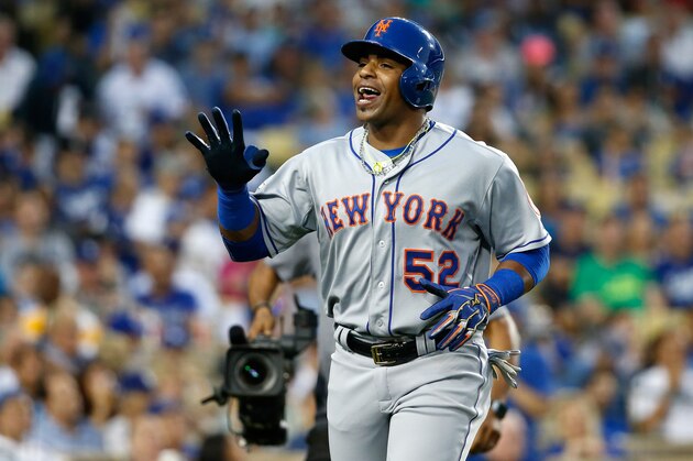 LOS ANGELES, CA - OCTOBER 10:  Yoenis Cespedes #52 of the New York Mets celebrates after hitting a solo home run in the second inning against the Los Angeles Dodgers in game two of the National League Division Series at Dodger Stadium on October 10, 2015 in Los Angeles, California.  (Photo by Sean M. Haffey/Getty Images)