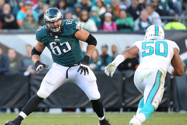 Nov 15, 2015; Philadelphia, PA, USA; Philadelphia Eagles tackle Lane Johnson (65) gets ready to block Miami Dolphins defensive end Olivier Vernon (50) during the second half at Lincoln Financial Field. Mandatory Credit: Jeffrey G. Pittenger-USA TODAY Sports