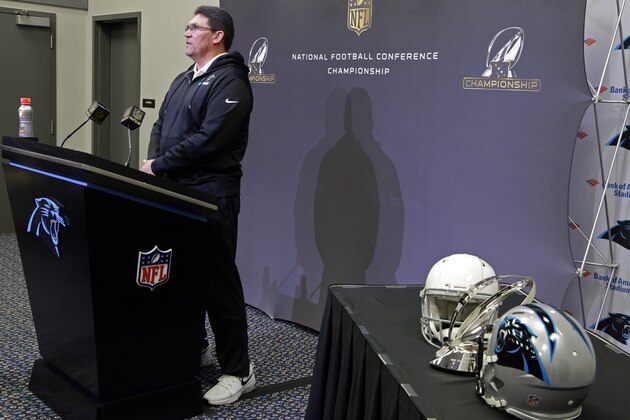 Carolina Panthers head coach Ron Rivera speaks to the media during a news conference in advance of the NFC Championship game against the Arizona Cardinals in Charlotte, N.C., Wednesday, Jan. 20, 2016. (AP Photo/Chuck Burton)