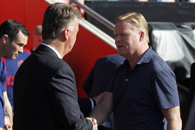 Southampton's Dutch manager Ronald Koeman (R) shakes hands with Manchester United's Dutch manager Louis van Gaal ahead of the English Premier League football match between Southampton and Manchester United at St Mary's Stadium in Southampton, southern England on September 20, 2015. AFP PHOTO / IAN KINGTON  RESTRICTED TO EDITORIAL USE. No use with unauthorized audio, video, data, fixture lists, club/league logos or 'live' services. Online in-match use limited to 75 images, no video emulation. No use in betting, games or single club/league/player publications.        (Photo credit should read IAN KINGTON/AFP/Getty Images)