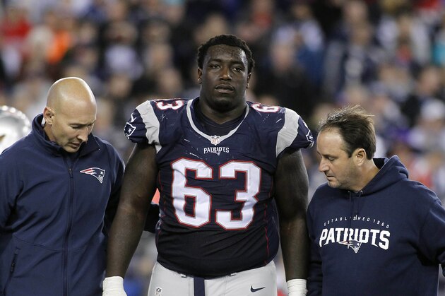 Oct 29, 2015; Foxborough, MA, USA; New England Patriots guard Tre' Jackson (63) walks off the field after inuring his leg during the fourth quarter against the Miami Dolphins at Gillette Stadium. Mandatory Credit: Stew Milne-USA TODAY Sports Oct 29, 2015; Foxborough, MA, USA; New England Patriots guard Tre' Jackson (63) walks off the field after inuring his leg during the fourth quarter against the Miami Dolphins at Gillette Stadium. Mandatory Credit: Stew Milne-USA TODAY Sports