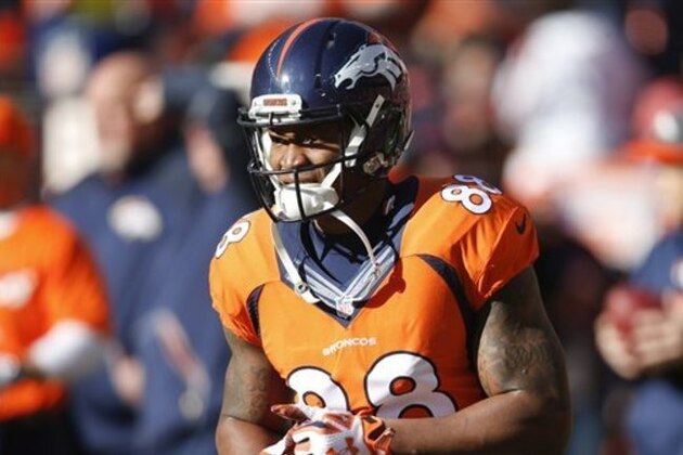 Denver Broncos wide receiver Demaryius Thomas watches during warm ups before an NFL football divisional playoff game against the Pittsburgh Steelers, Sunday, Jan. 17, 2016, in Denver. (AP Photo/David Zalubowski) Denver Broncos wide receiver Demaryius Thomas watches during warm ups before an NFL football divisional playoff game against the Pittsburgh Steelers, Sunday, Jan. 17, 2016, in Denver. (AP Photo/David Zalubowski)