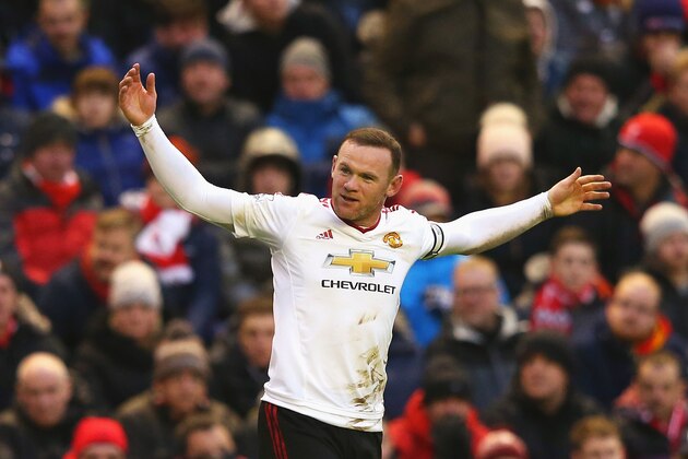 LIVERPOOL, ENGLAND - JANUARY 17:  Wayne Rooney of Manchester United celebrates scoring the opening goal during the Barclays Premier League match between Liverpool and Manchester United at Anfield on January 17, 2016 in Liverpool, England.  (Photo by Alex Livesey/Getty Images)
