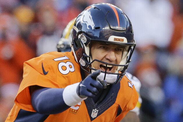 Denver Broncos quarterback Peyton Manning yells to his team during the second half in an NFL football divisional playoff game against the Pittsburgh Steelers, Sunday, Jan. 17, 2016, in Denver. (AP Photo/Joe Mahoney)