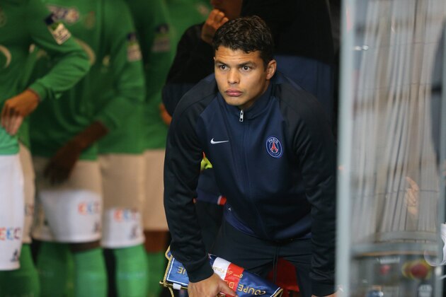 PARIS, FRANCE - DECEMBER 16:  Thiago Silva of Paris Saint-Germain reacts before the French  League Cup between Paris Saint-Germain and AS Saint Etienne at Parc Des Princes on december 16, 2015 in Paris, France.  (Photo by Xavier Laine/Getty Images)