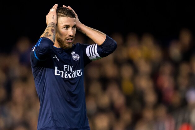 VALENCIA, SPAIN - JANUARY 03:  Sergio Ramos of Real Madrid CF reacts during the La Liga match between Valencia CF and Real Madrid CF at Estadio de Mestalla on January 3, 2016 in Valencia, Spain.  (Photo by Aitor Colomer/Power Sport Images/Getty Images)