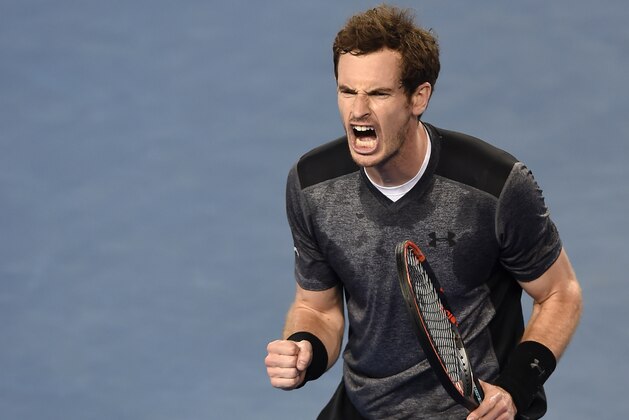 Andy Murray of Britain celebrates during his third round match against Joao Sousa of Portugal at the Australian Open tennis championships in Melbourne, Australia, Saturday, Jan. 23, 2016.(AP Photo/Andrew Brownbill)