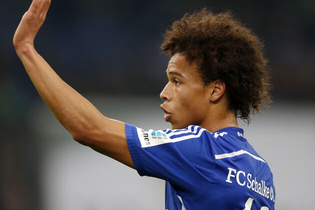 Schalke's midfielder Leroy Sane waves during the German first division Bundesliga football match FC Schalke 04 vs FC Ingolstadt 04 in Gelsenkirchen, western Germany, on October 31, 2015.    

 / AFP / NORBERT SCHMIDT        (Photo credit should read NORBERT SCHMIDT/AFP/Getty Images)