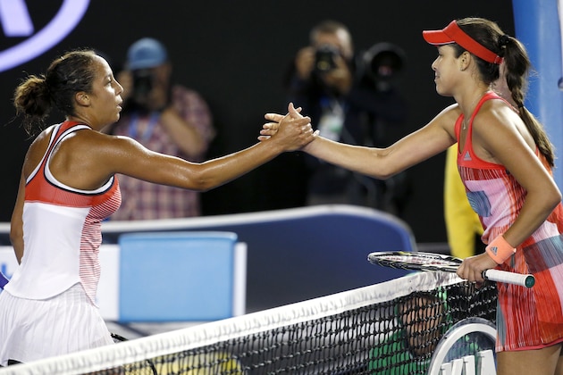 Madison Keys, left, of the United States is congratulated by Ana Ivanovic of Serbia after winning their third round match at the Australian Open tennis championships in Melbourne, Australia, Saturday, Jan. 23, 2016.(AP Photo/Vincent Thian)