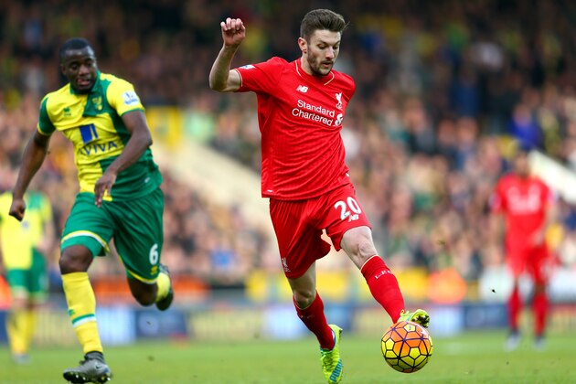 NORWICH, ENGLAND - JANUARY 23: Adam Lallana of Liverpool in action during the Barclays Premier League match between Norwich City and Liverpool at Carrow Road on January 23, 2016 in Norwich, England.  (Photo by Clive Mason/Getty Images)