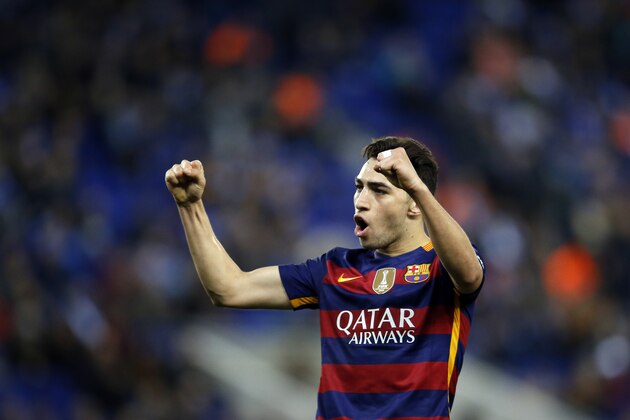FC Barcelona's Munir El Haddadi celebrates after scoring against Espanyol during a Copa del Rey soccer match at RCDE stadium in Barcelona, Spain, Wednesday, Jan. 13, 2016. (AP Photo/Manu Fernandez)