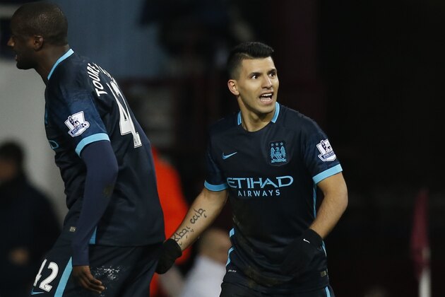Manchester City's Argentinian striker Sergio Aguero (R) celebrates scoring an equalising goal for 1-1 during the English Premier League football match between West Ham United and Manchester City at The Boleyn Ground in Upton Park, in east London on January 23, 2016. AFP PHOTO / IKIMAGES

RESTRICTED TO EDITORIAL USE. No use with unauthorised audio, video, data, fixture lists, club/league logos or 'live' services. Online in-match use limited to 45 images, no video emulation. No use in betting, games or single club/league/player publications. / AFP / IKIMAGES / IKIMAGES        (Photo credit should read IKIMAGES/AFP/Getty Images)