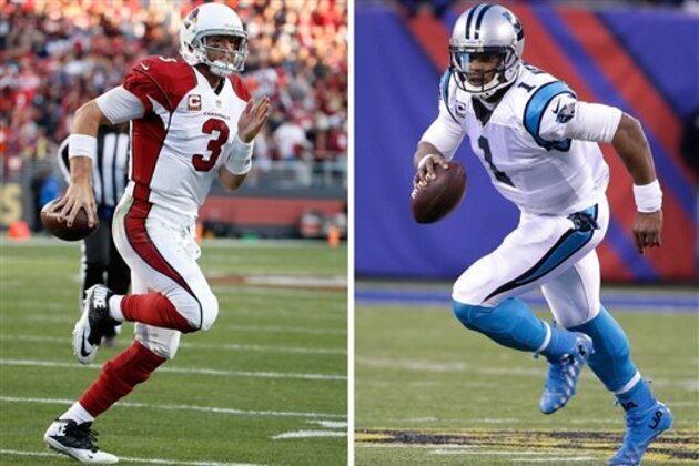 FILE - At left, in  Nov. 29, 2015, file photo, Arizona Cardinals quarterback Carson Palmer (3) runs for a touchdown against the San Francisco 49ers during the second half of an NFL football game in Santa Clara, Calif. At right, in a Dec. 20, 2015, file photo, Carolina Panthers' Cam Newton (1) plays during the second half of an NFL football game against the New York Giants, in East Rutherford, N.J. Arizona and Carolina play in the NFC Championship game on Sunday, Jan. 24, in Charlotte, N.C. (AP Photo/File)