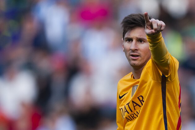 FC Barcelona's Lionel Messi, reacts during his Spanish La Liga soccer match against CF Malaga at La Rosaleda stadium in Malaga, Spain, Saturday, Jan. 23, 2016. (AP Photo/Daniel Tejedor)