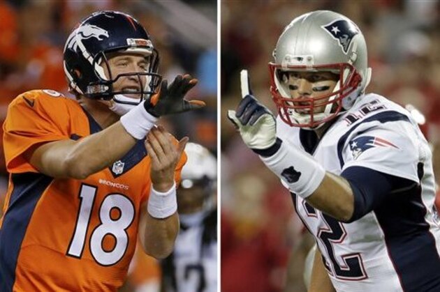 FILE - At left, in an Oct. 23, 2014, file photo, Denver Broncos quarterback Peyton Manning calls a play against the San Diego Chargers during an NFL football game in Denver. At right, in a Sept. 29, 2014, file photo, New England Patriots quarterback Tom Brady points on the line of scrimmage during an NFL football game against the Kansas City Chiefs in Kansas City, Mo. New England has little time to savor its fourth straight win, a 51-23 pounding of the Chicago Bears. Tom Brady versus Brock Osweiler just doesn't have the same Hall of Fame ring to it. Still, when Brady leads his undefeated Patriots into Denver on Sunday night, Nov. 29, 2015 the game will have plenty of significance. (AP Photo/File)