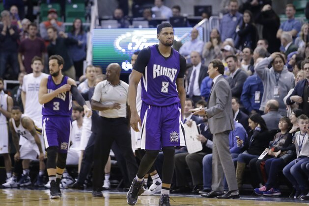 Sacramento Kings forward Rudy Gay (8) walks up court after shooting the winning basket against Utah Jazz during the finals seconds of an NBA basketball game  Thursday, Jan. 14, 2016, in Salt Lake City. The Kings won 103-101. (AP Photo/Rick Bowmer)