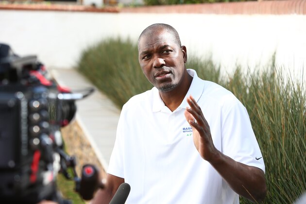 JOHANNESBURG, SA - JULY 29: NBA Legend Hakeem Olajuwon does an interview during the Basketball Without Boarders program on July 28, 2015 at the American International School of Johannesburg in Johannesburg, South Africa.  NOTE TO USER: User expressly acknowledges and agrees that, by downloading and or using this photograph, User is consenting to the terms and conditions of the Getty Images License Agreement. Mandatory Copyright Notice: Copyright 2015 NBAE  (Photo by Nathaniel S. Butler/NBAE via Getty Images)