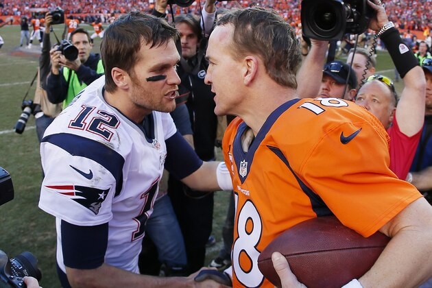 DENVER, CO - JANUARY 19:  Tom Brady #12 of the New England Patriots congratulates  Peyton Manning #18 of the Denver Broncos after the Broncos defeated the Patriots 26 to 16 during the AFC Championship game at Sports Authority Field at Mile High on January 19, 2014 in Denver, Colorado.  (Photo by Kevin C. Cox/Getty Images)
