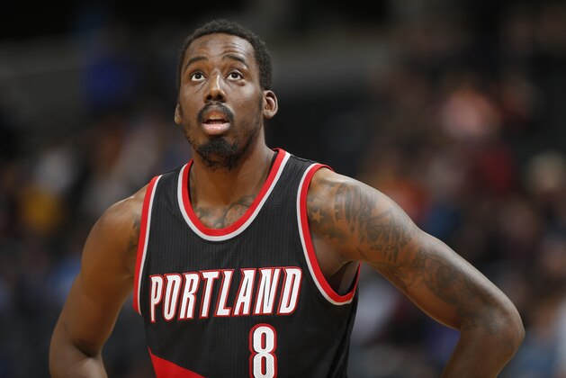 Portland Trail Blazers forward Al-Farouq Aminu (8) in second half of an NBA basketball game Sunday, Jan. 3, 2016, in Denver. Portland won 112-106. (AP Photo/David Zalubowski)