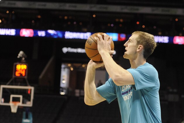 Jan 13, 2016; Charlotte, NC, USA; Charlotte Hornets center Cody Zeller (40) warms up before the game against the Atlanta Hawks at Time Warner Cable Arena. Mandatory Credit: Sam Sharpe-USA TODAY Sports