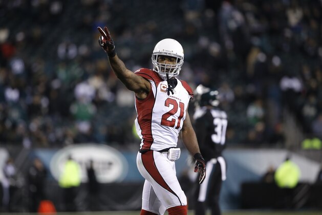 Arizona Cardinals' Patrick Peterson gestures during the second half of an NFL football game against the Philadelphia Eagles, Sunday, Dec. 20, 2015, in Philadelphia. (AP Photo/Matt Rourke)