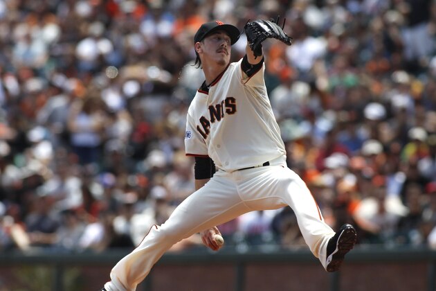 San Francisco Giants pitcher Tim Lincecum throws to the Colorado Rockies during the first inning of a baseball game, Saturday, June 27, 2015, in San Francisco. (AP Photo/George Nikitin)