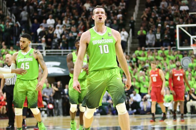 EAST LANSING, MI - JANUARY  23:  Matt Costello #10 of the Michigan State Spartans celebrates late in the second half against the Maryland Terrapins. Michigan State Spartans defeated Maryland Terrapins 74- 65 at the Breslin Center on January 23, 2016 in East Lansing, Michigan. (Photo by Rey Del Rio/Getty Images)