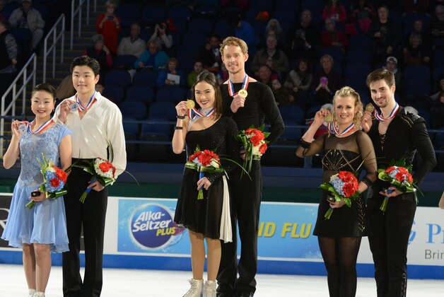 Jan 24, 2015; Greensboro, NC, USA;   Ice dance performers (left to right) Maia Shibutani and Alex Shibutani and Madison Chalk and Evan Bates and Madison Hubbell, Zachary Donohue and Kaitlin Hawayek and and Jean-Luc Baker pose with their medals at U.S. Figure Skating Championship at Greensboro Coliseum.  Mandatory Credit: Rob Kinnan-USA TODAY Sports