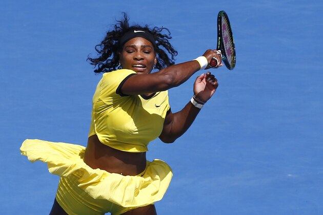 Serena Williams of the United States hits a forehand return to Margarita Gasparyan of Russia during their fourth round match at the Australian Open tennis championships in Melbourne, Australia, Sunday, Jan. 24, 2016.(AP Photo/Rafiq Maqbool)