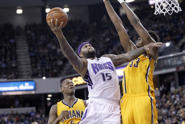 Jan 23, 2016; Sacramento, CA, USA; Sacramento Kings center DeMarcus Cousins (15) attempts a shot next to Indiana Pacers forward Myles Turner (33) in the second quarter at Sleep Train Arena. Mandatory Credit: Cary Edmondson-USA TODAY Sports