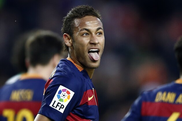 FC Barcelona's Neymar reacts after scoring, during a Spanish La Liga soccer match between Barcelona and Granada, at the Camp Nou stadium in Barcelona, Spain, Saturday, Jan. 9, 2016. (AP Photo/Manu Fernandez)