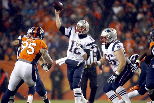 New England Patriots quarterback Tom Brady (12) throws against the Denver Broncos during the first half of an NFL football game, Sunday, Nov. 29, 2015, in Denver. (AP Photo/Joe Mahoney)